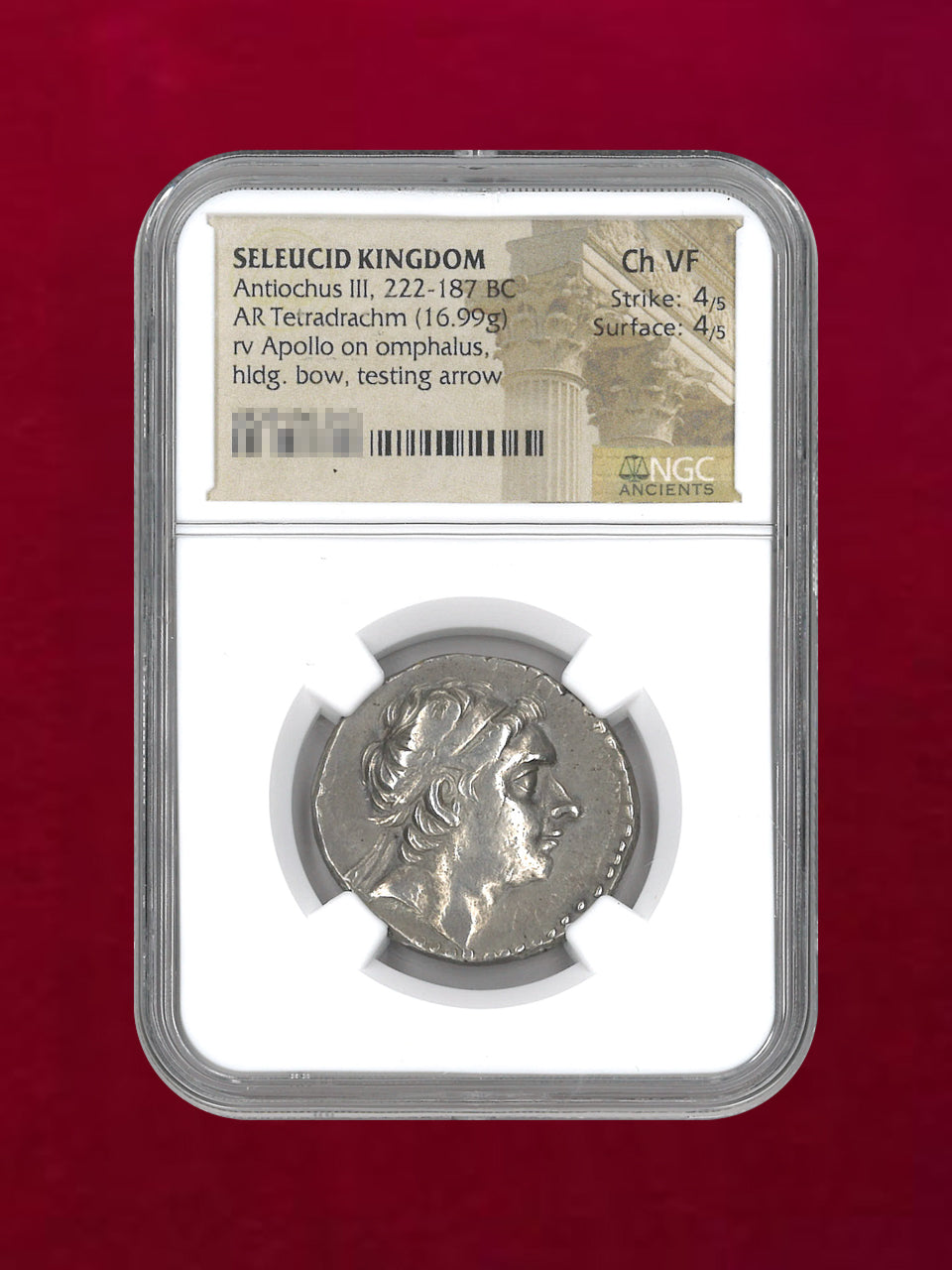 【セレコウス朝シリア】Antiochus III. 222-187BC AR Tetradrachm(16.99g) NGC Ch VF 4/5 4/5［B-0000221］