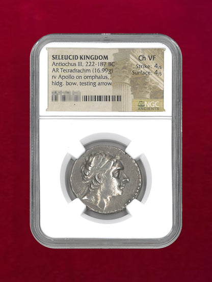 【セレコウス朝シリア】Antiochus III. 222-187BC AR Tetradrachm(16.99g) NGC Ch VF 4/5 4/5［B-0000221］