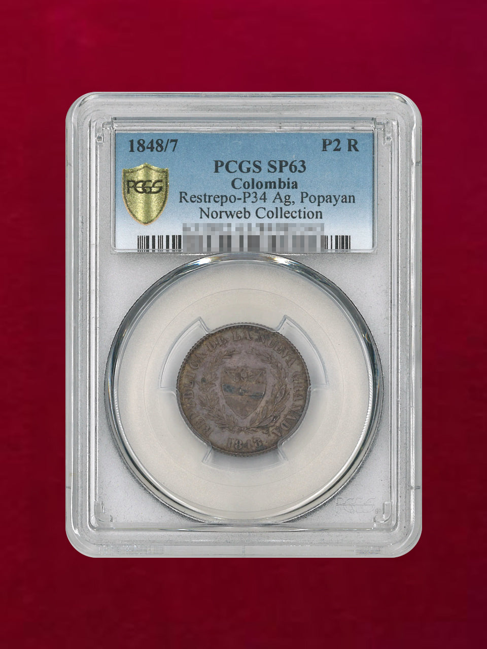 【コロンビア】2リアル 銀貨 Popayan Norweb Collection 1848/7 PCGS SP63［B-0000225］