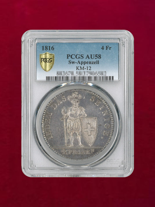 【スイス・アペンツェル】4フラン 銀貨 Appenzell 1816 PCGS AU58［B-0000269］
