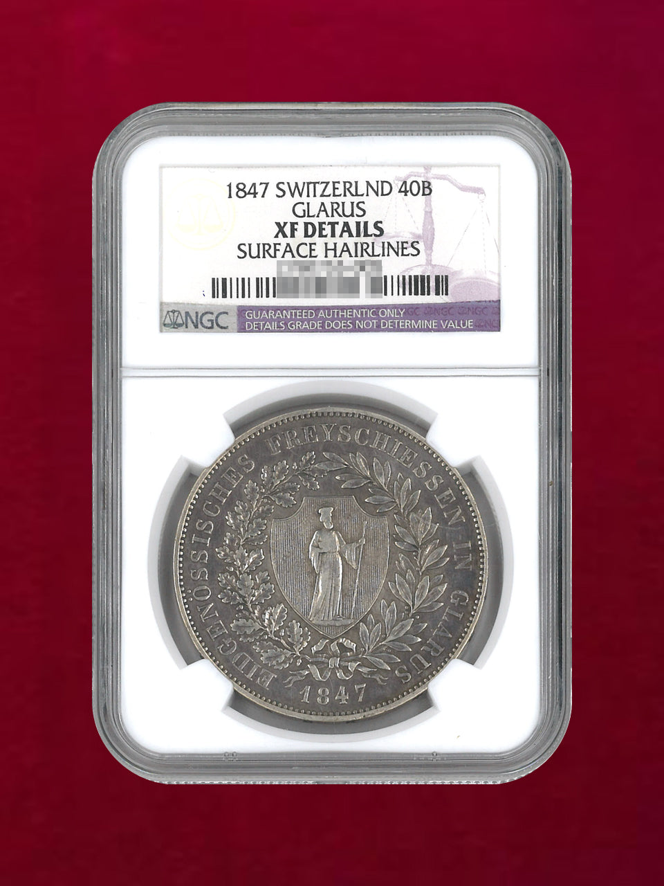 Switzerland Glarus] 40 Batzen Silver Coin GLARUS 1847 NGC XF
