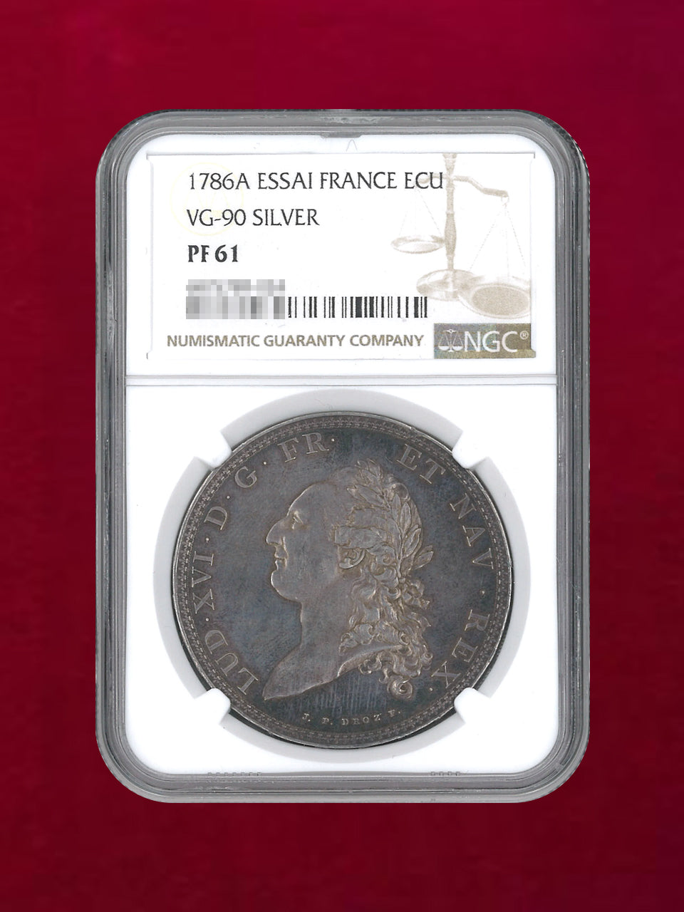 フランス】エキュ 銀貨 ESSAI 1786A NGC PF 61［B-0000371