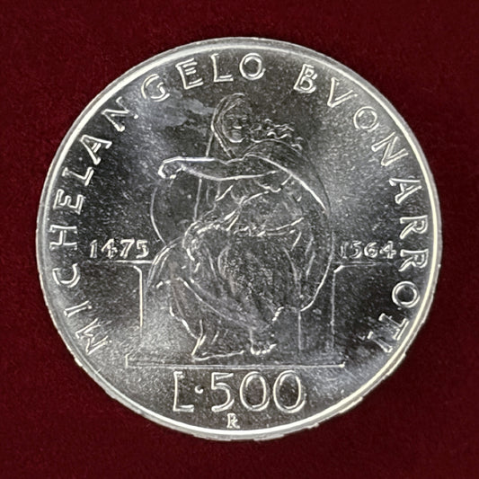 【イタリア】ミケランジェロ・ブオナローティ生誕500周年記念 500リラ 銀貨 1975［B-0000526］