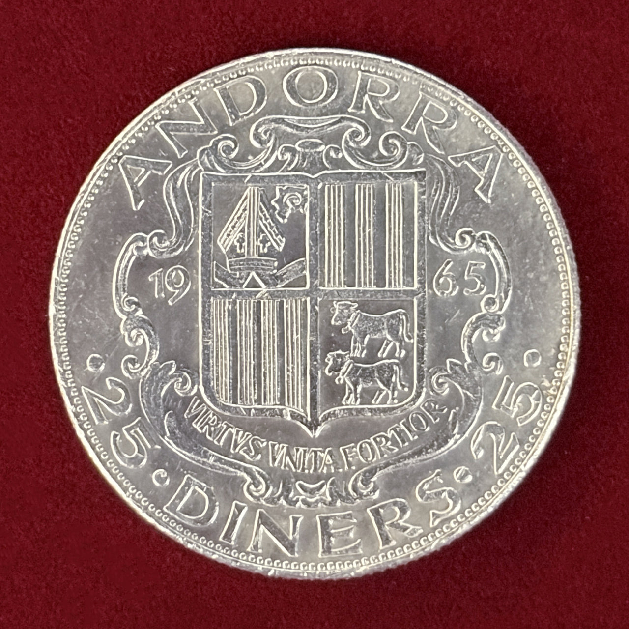 【アンドラ】司法評議会 25ディナール 銀貨 プルーフ 1965［B-0000589］