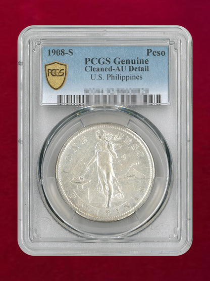 【フィリピン】1ペソ 銀貨 1908-S PCGS Genuine Cleaned-AU Detail［B-0000623］