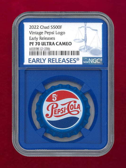 【チャド】ヴィンテージペプシロゴ ボトルキャップ 500フラン 銀貨 2022 NGC PF70 ULTRA CAMEO［B-0000624］
