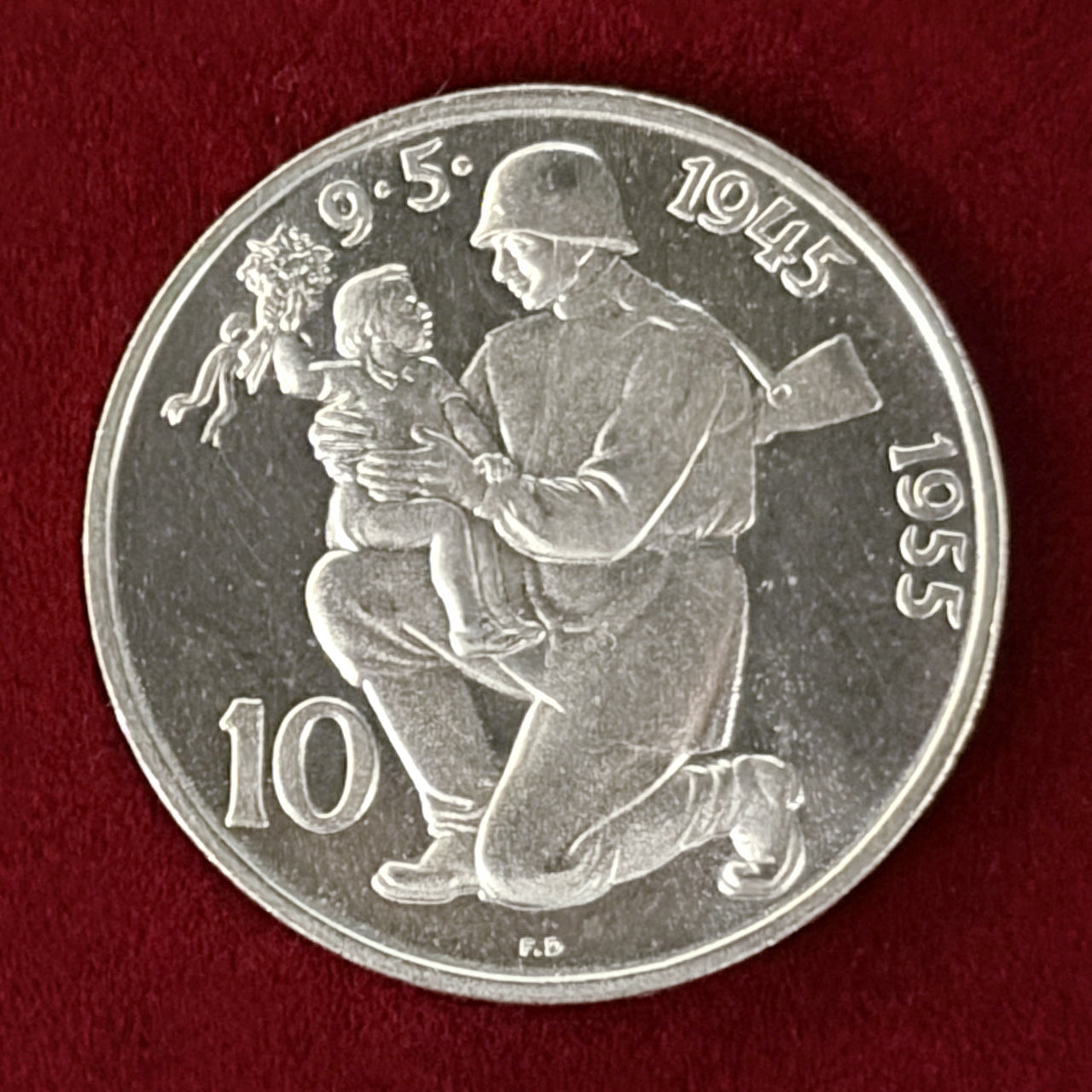【チェコスロバキア】ドイツからの解放10周年記念 10コルナ 銀貨 プルーフ 1955［B-0000634］
