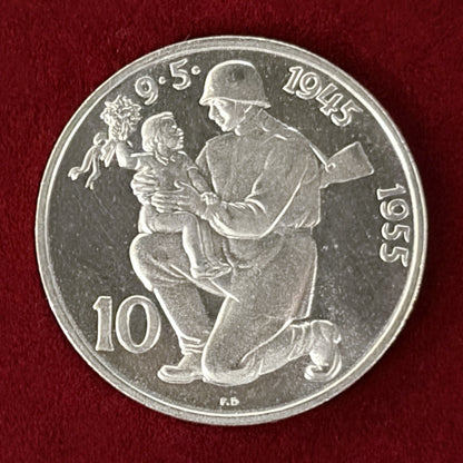 【チェコスロバキア】ドイツからの解放10周年記念 10コルナ 銀貨 プルーフ 1955［B-0000634］