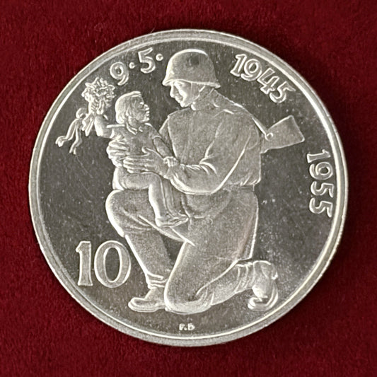 【チェコスロバキア】ドイツからの解放10周年記念 10コルナ 銀貨 プルーフ 1955［B-0000634］
