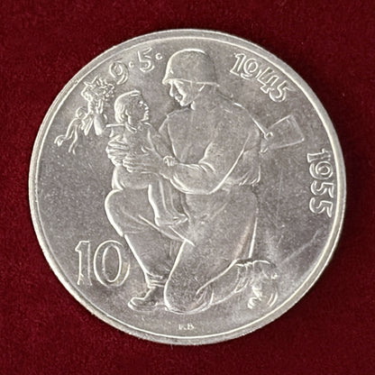 【チェコスロバキア】ドイツからの解放10周年記念 10コルナ 銀貨 1955［B-0000635］