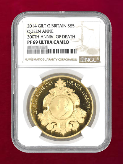 【イギリス】アン女王没後300周年記念 5ポンド 銀貨(金メッキ) プルーフ 2014 NGC PF 69 ULTRA CAMEO［B-0000723］