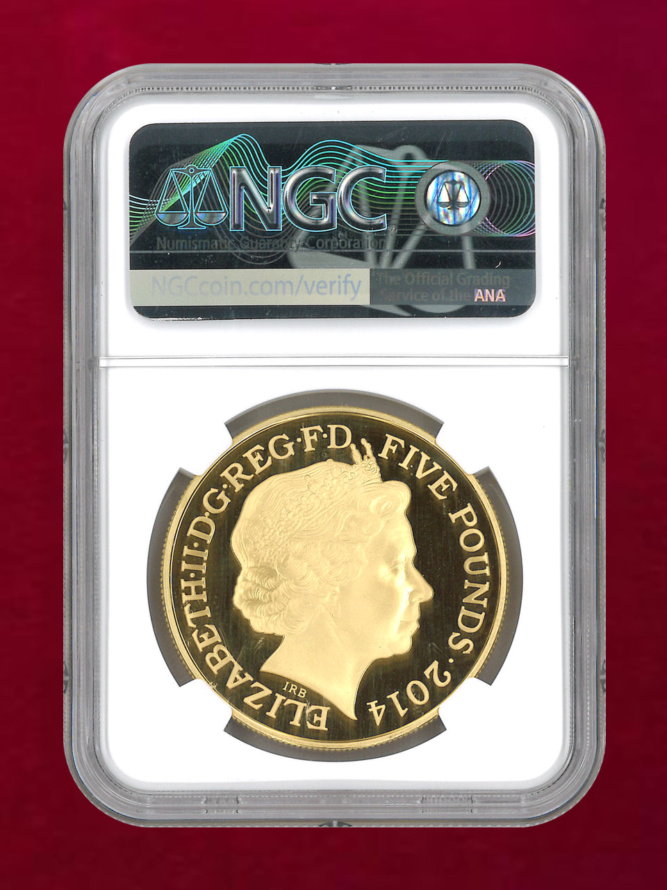 【イギリス】アン女王没後300周年記念 5ポンド 銀貨(金メッキ) プルーフ 2014 NGC PF 69 ULTRA CAMEO［B-0000723］