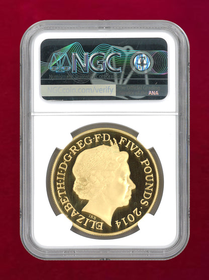 【イギリス】アン女王没後300周年記念 5ポンド 銀貨(金メッキ) プルーフ 2014 NGC PF 69 ULTRA CAMEO［B-0000723］