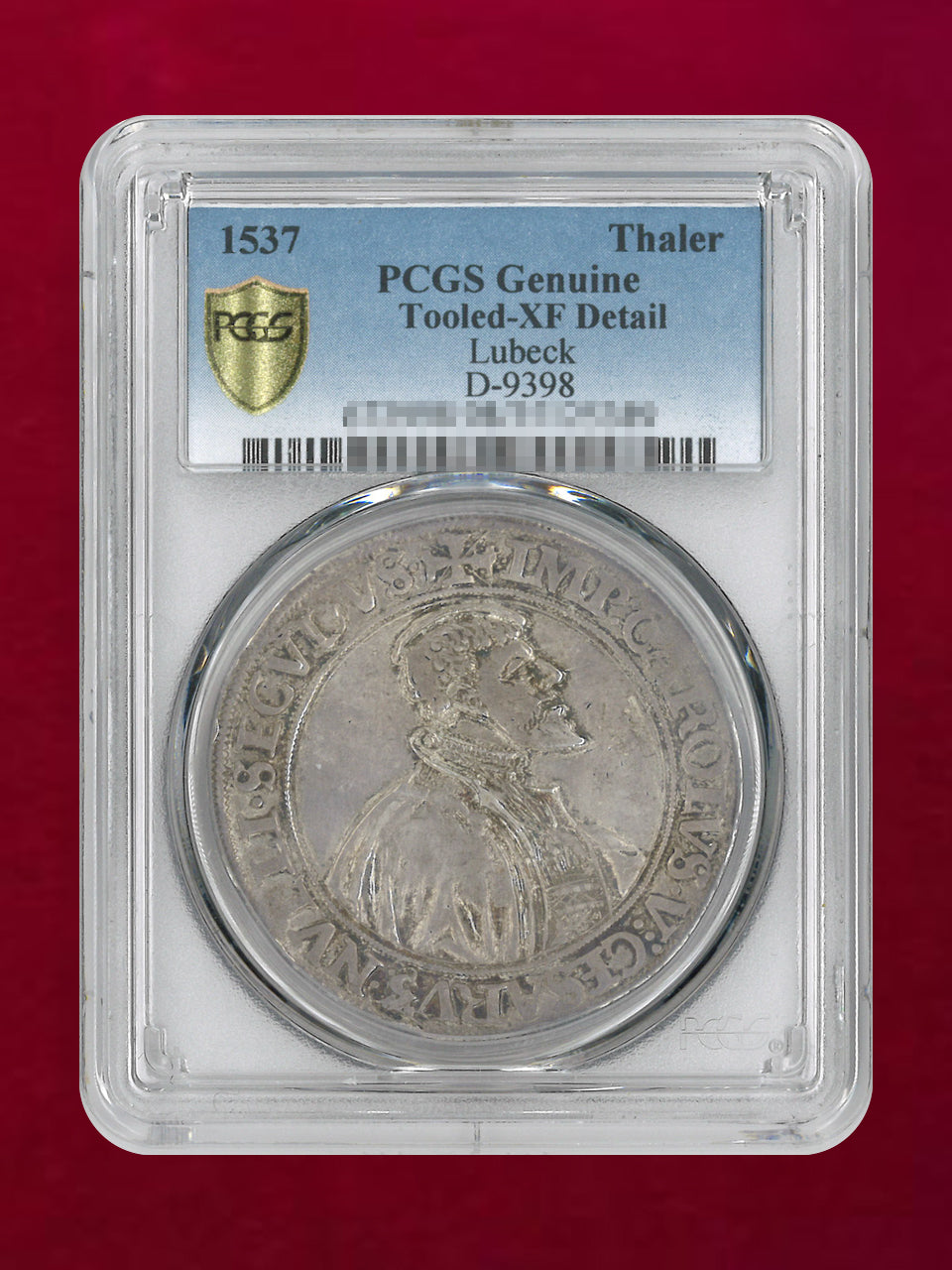【ドイツ・リューベック】ターラー 銀貨 1537 PCGS Genuine Tooled-XF Detail［B-0000725］