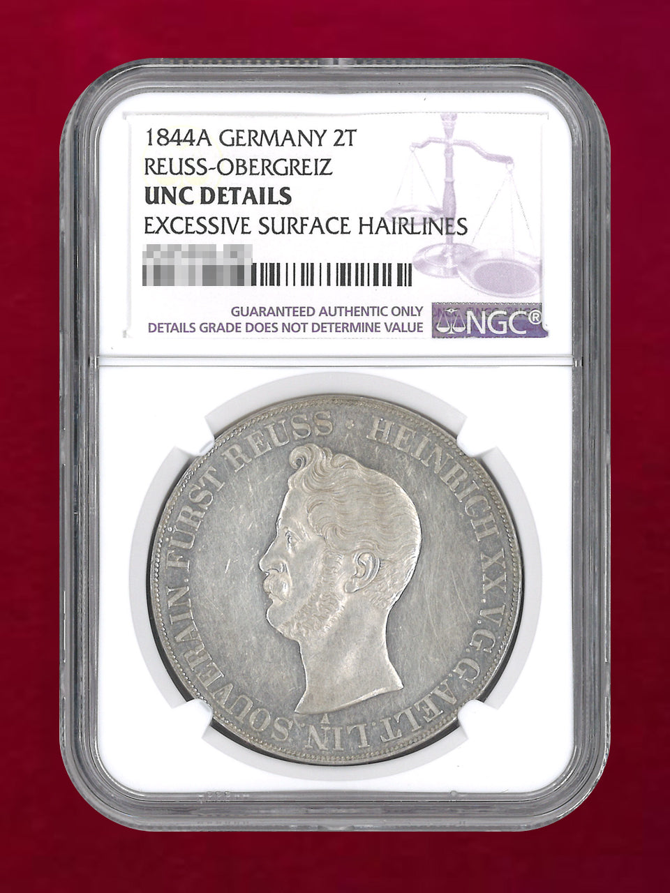【ドイツ・ロイス・オーベルグライツ】2ターラー 銀貨 1844A NGC UNC DETAILS EXCESSIVE SURFACE HAIRLINES［C-0000726］