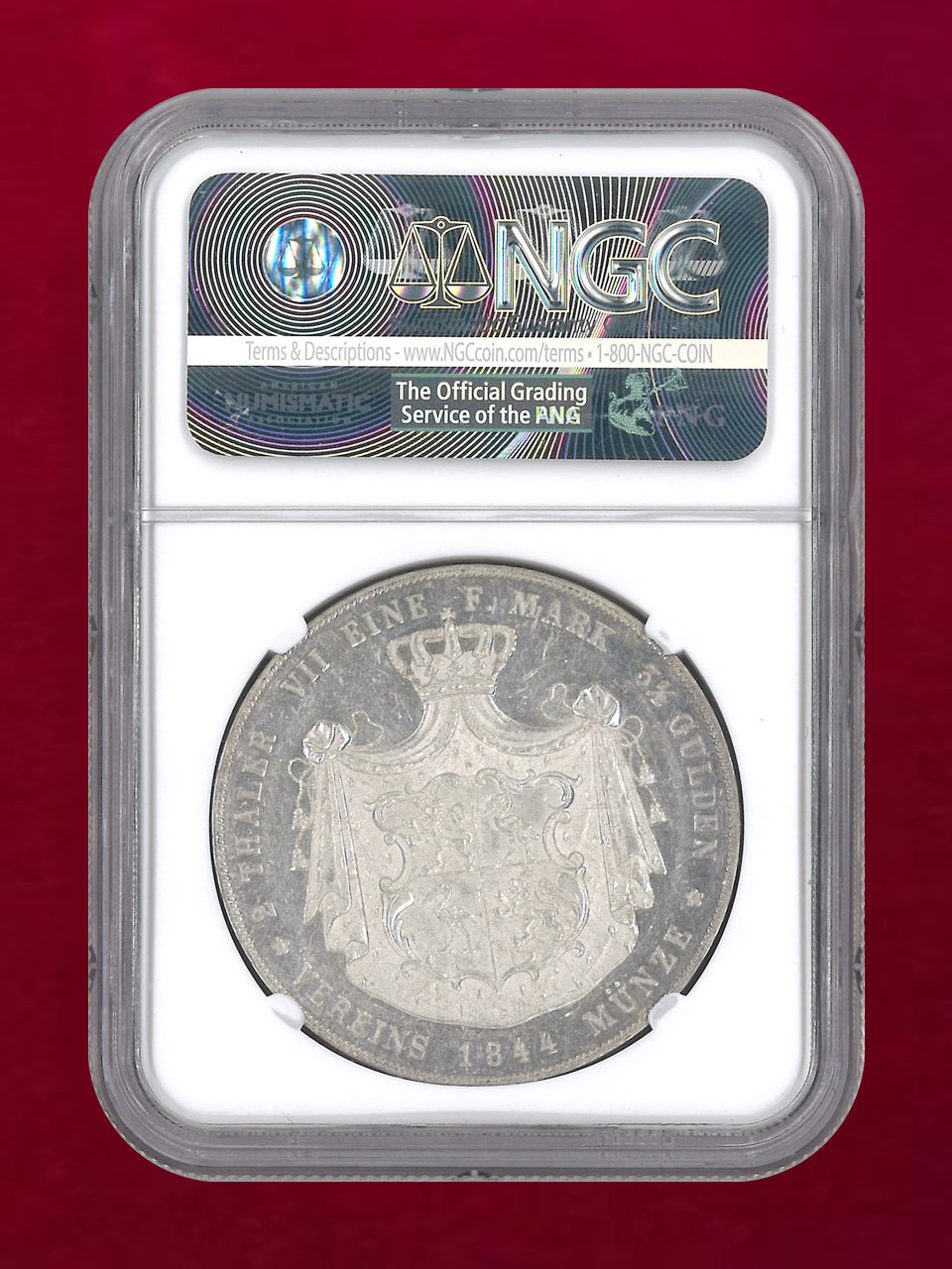 【ドイツ・ロイス・オーベルグライツ】2ターラー 銀貨 1844A NGC UNC DETAILS EXCESSIVE SURFACE HAIRLINES［C-0000726］