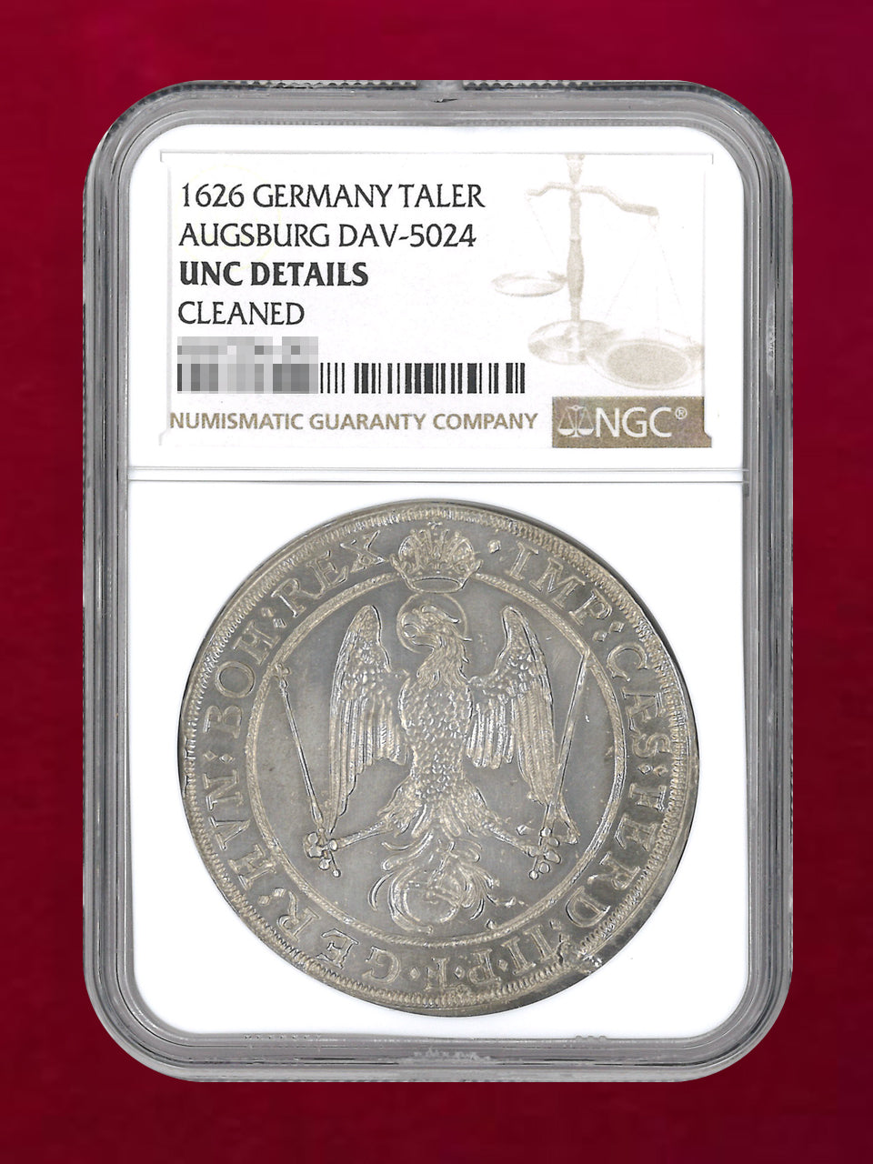 【ドイツ・アウクスブルク】ターラー 銀貨 1626 NGC UNC DETAILS CLEANED［B-0000728］