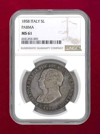 【イタリア・パルマ】5リラ 銀貨 1858 NGC MS 61［B-0000732］