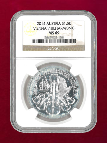 【オーストリア】ウィーン・フィルハーモニー管弦楽団 1.5ユーロ 銀貨 2014 NGC MS 69［B-0000741］