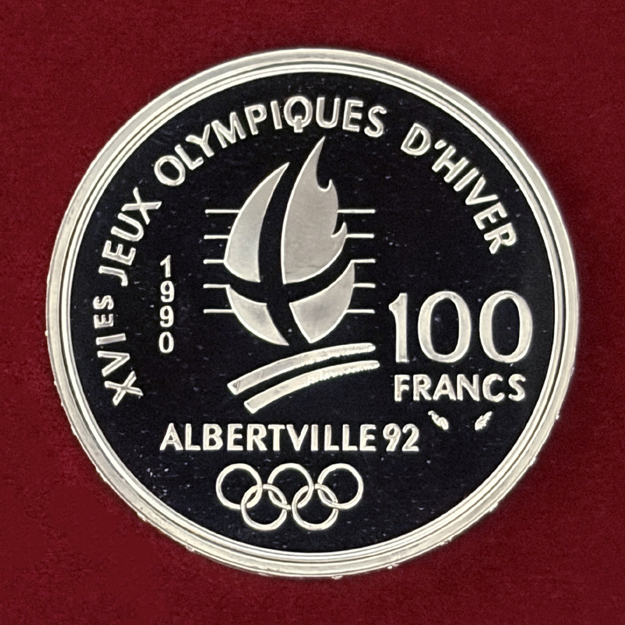 【フランス】1992年アルベールビルオリンピック記念 100フラン 銀貨 フリースタイルスキー プルーフ 1990［B-0000748］