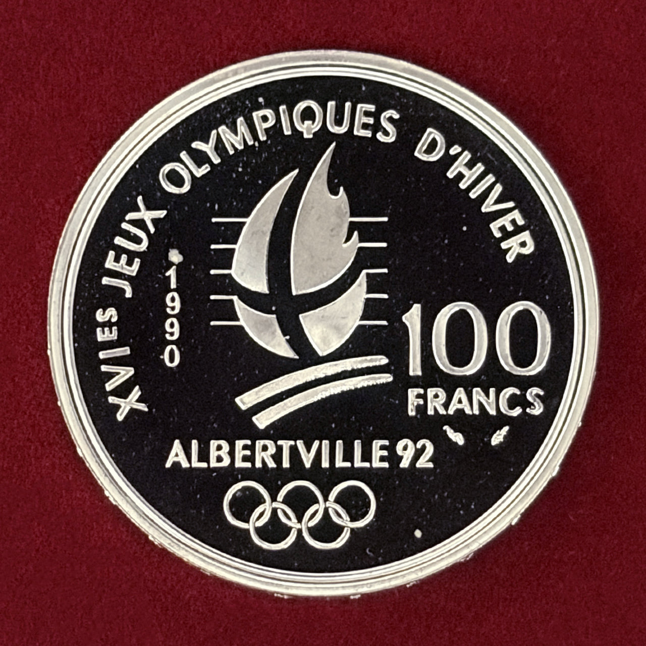 【フランス】1992年アルベールビルオリンピック記念 100フラン 銀貨 スキースラローム プルーフ 1990［B-0000749］