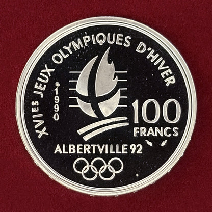 【フランス】1992年アルベールビルオリンピック記念 100フラン 銀貨 スキースラローム プルーフ 1990［B-0000749］