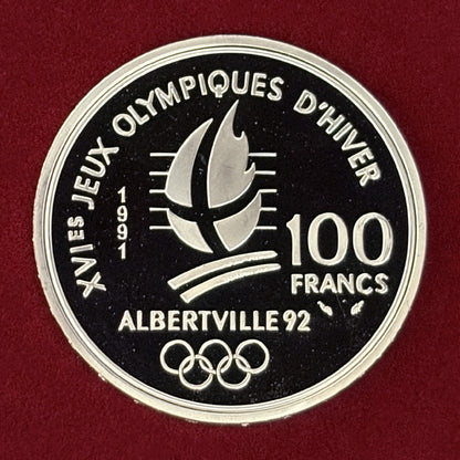 【フランス】1992年アルベールビルオリンピック記念 100フラン 銀貨 アイスホッケー プルーフ 1991［B-0000750］