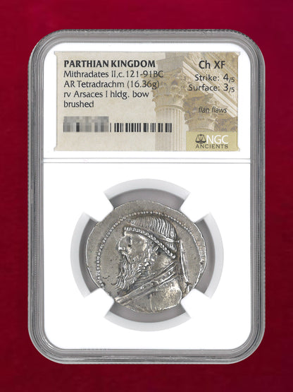 【パルティア】Mithradates II,c.121-91BC AR Tetradrachm(16.36g) NGC Ch XF 4/5 3/5 flan flaws［B-0000758］