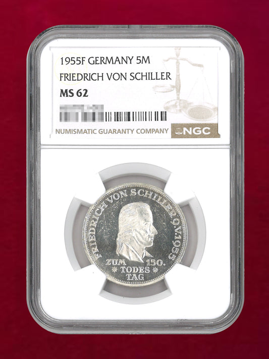 【西ドイツ】フリードリヒ・フォン・シラー没後150周年記念 5マルク 銀貨 1955F NGC MS 62［B-0000794］