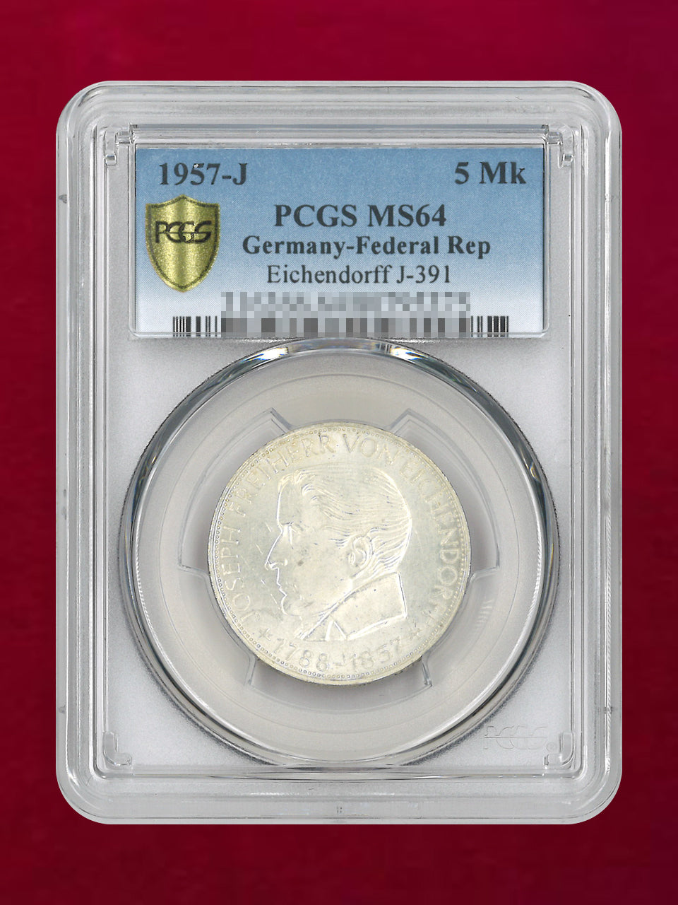【西ドイツ】ヨーゼフ・フォン・アイヒェンドルフ没後100周年記念 5マルク 銀貨 1957J PCGS MS64［B-0000796］