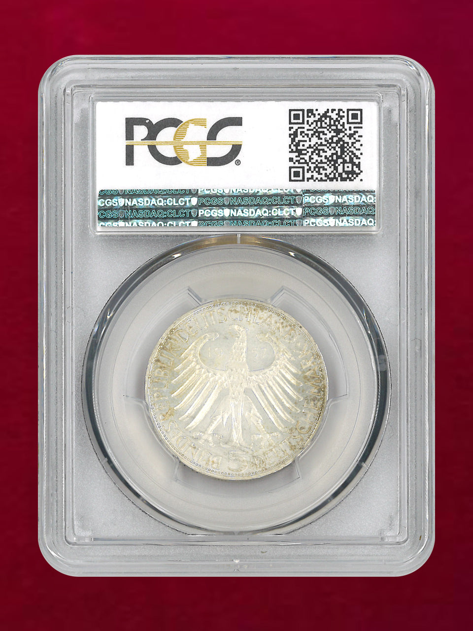 【西ドイツ】ヨーゼフ・フォン・アイヒェンドルフ没後100周年記念 5マルク 銀貨 1957J PCGS MS64［B-0000796］