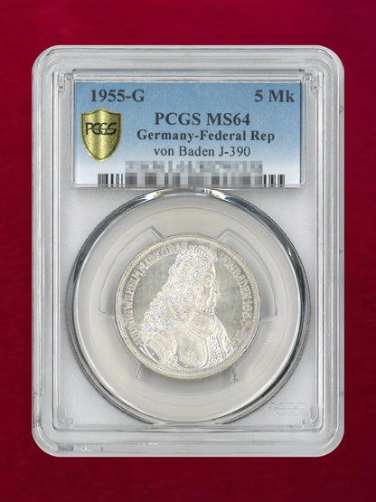 【西ドイツ】ルートヴィヒ・ヴェルヘルム生誕300周年記念 5マルク 銀貨 1955G PCGS MS64［B-0000797］