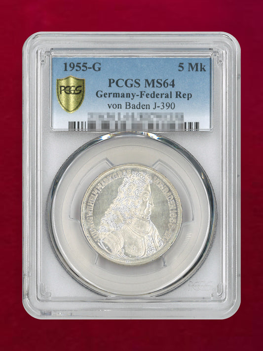 【西ドイツ】ルートヴィヒ・ヴェルヘルム生誕300周年記念 5マルク 銀貨 1955G PCGS MS64［B-0000797］