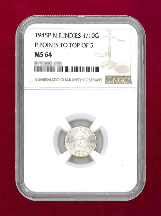 【オランダ領東インドネシア】1/10グルデン 銀貨 1945 NGC MS64［B-0000816］