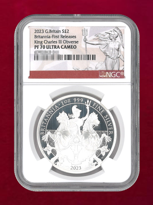 【イギリス】ブリタニア 1オンス 2ポンド 銀貨 プルーフ 2023 NGC PF 70 ULTRA CAMEO［B-0000823］
