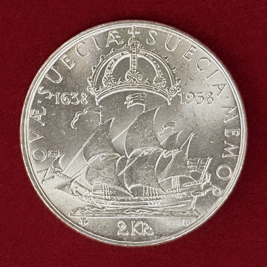 【スウェーデン】新スウェーデン(デラウェア)入植300周年記念 2クローナ 銀貨 1938［B-0000952］