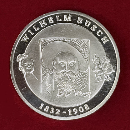 【ドイツ】ヴィルヘルム・ブッシュ生誕175周年記念 10ユーロ 銀貨 プルーフ 2007［B-0000958］