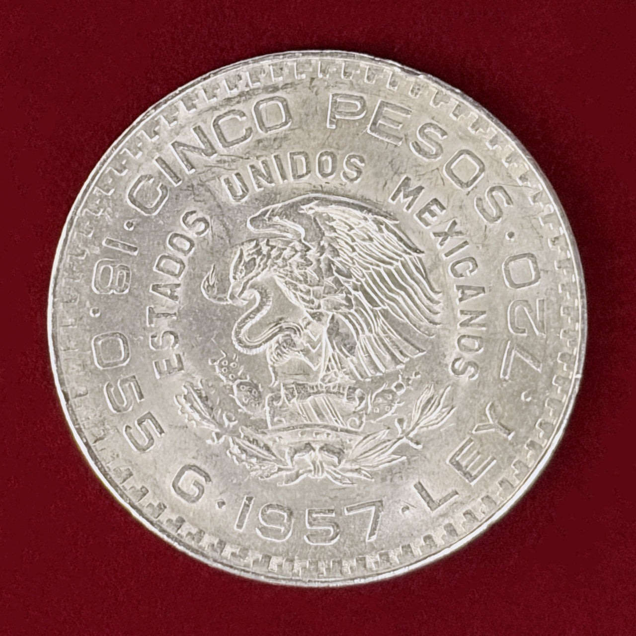 メキシコ】憲法制定100周年記念 5ペソ 銀貨 1957［B-0001024