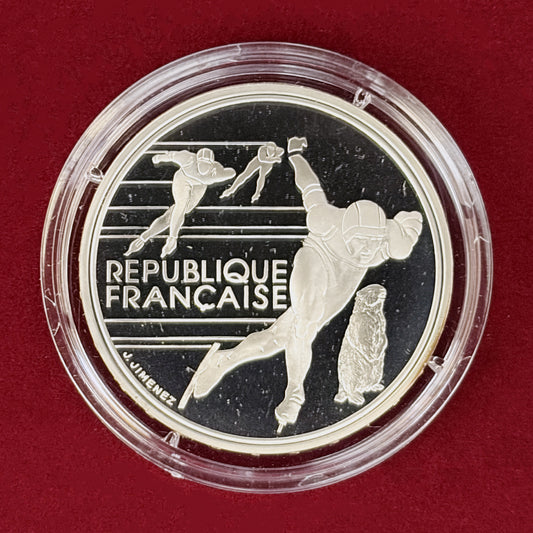 【フランス】1992年アルベールビルオリンピック記念 スピードスケート 100フラン 銀貨 プルーフ 1990［B-0001032］