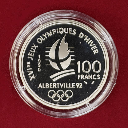 【フランス】1992年アルベールビルオリンピック記念 スピードスケート 100フラン 銀貨 プルーフ 1990［B-0001032］