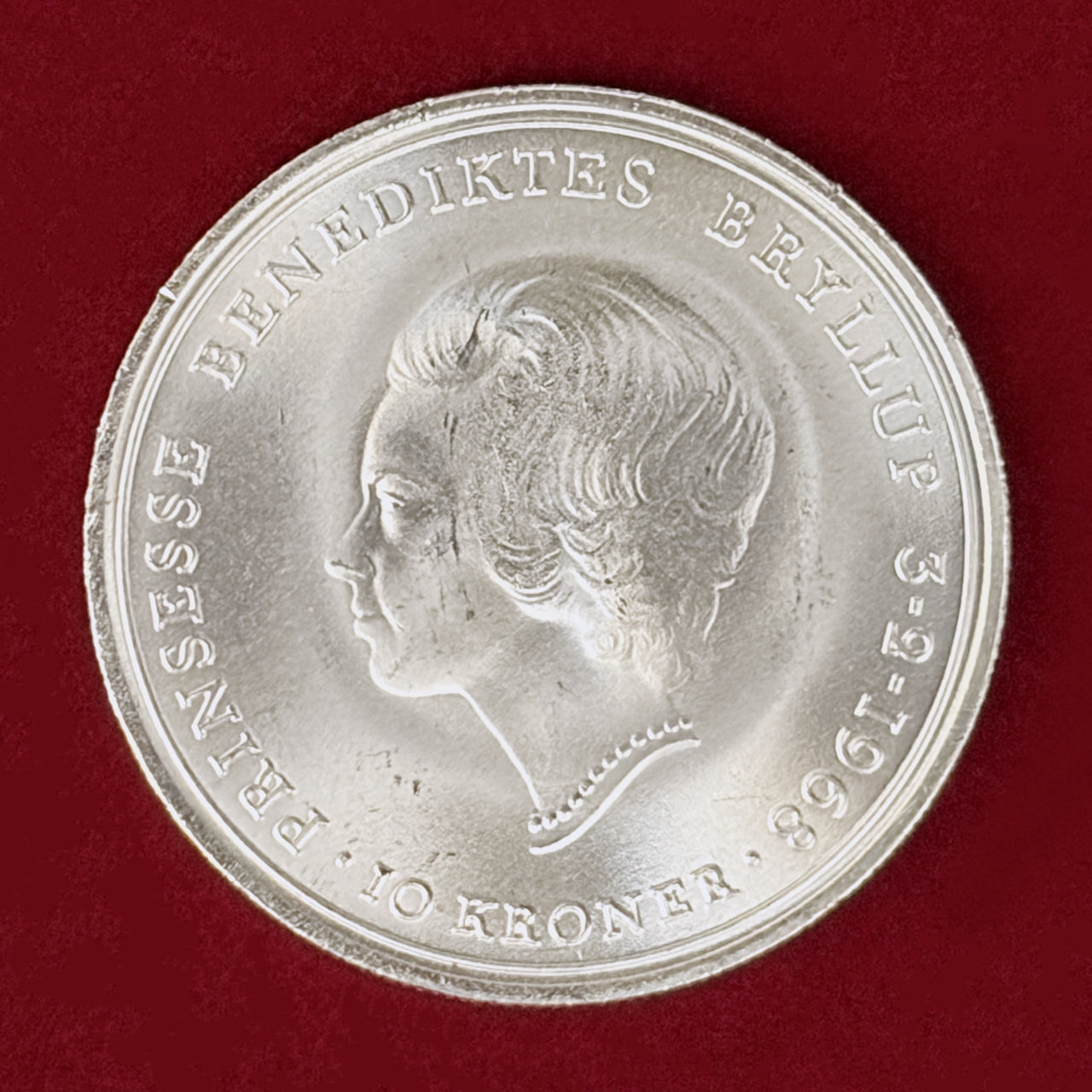 デンマーク】ベネディクテ王女ご成婚記念 10クローネ 銀貨 1968［B