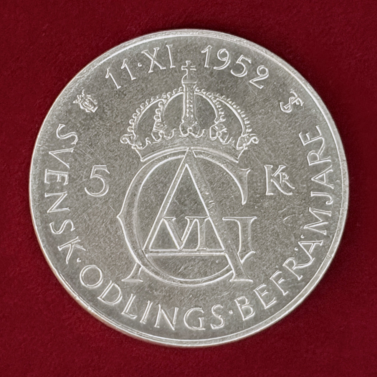【スウェーデン】グスタフ6世アドルフ生誕70周年記念 5クローナ 銀貨 1952［B-0001110］