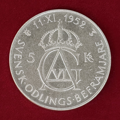 【スウェーデン】グスタフ6世アドルフ生誕70周年記念 5クローナ 銀貨 1952［B-0001110］