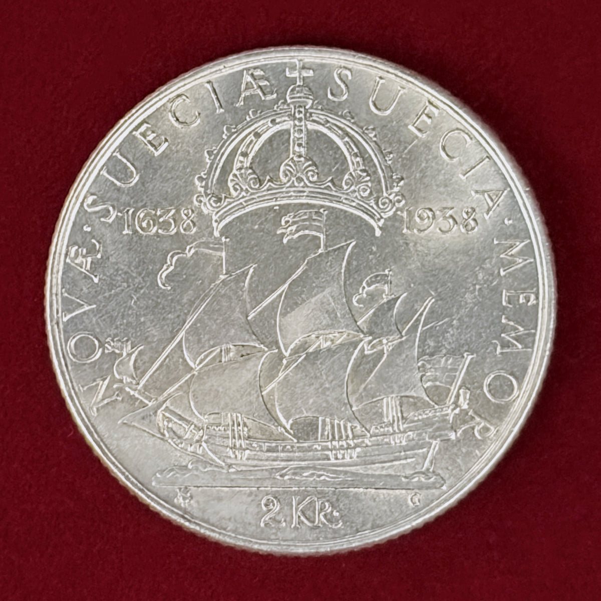 【スウェーデン】ニュースウェーデン入植300周年記念 2クローナ 銀貨 1938［B-0001132］