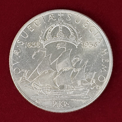 【スウェーデン】ニュースウェーデン入植300周年記念 2クローナ 銀貨 1938［B-0001132］