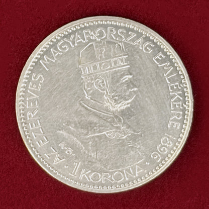 【ハンガリー】ハンガリー建国1000周年記念 1コロナ 銀貨 1896［B-0001152］
