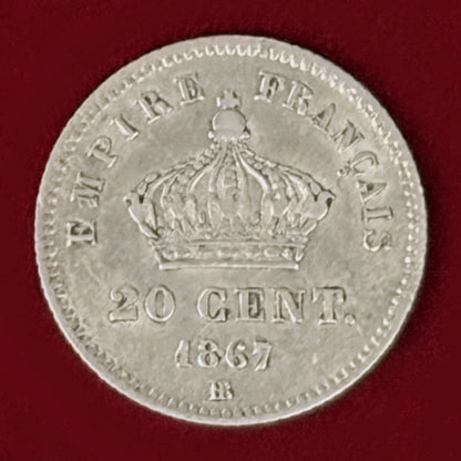【フランス】ナポレオン3世 20セント 銀貨 1867［B-0001163］