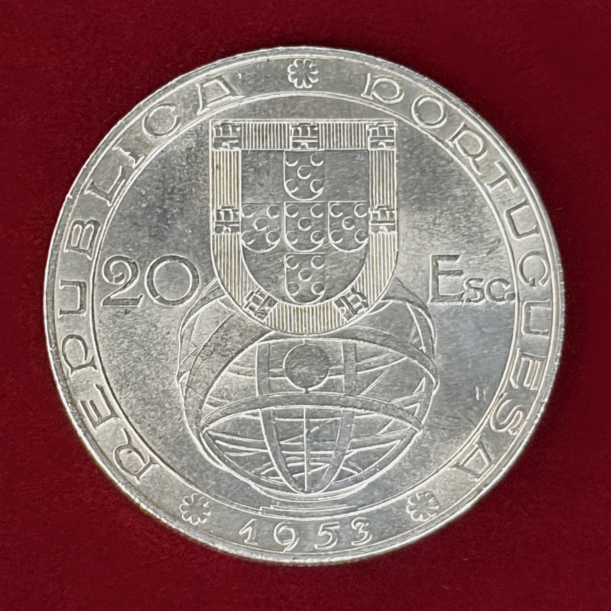 【ポルトガル】財政改革25周年記念 20エスクード 銀貨 1953［B-0001187］