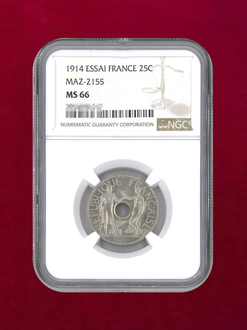 フランス】25サンチーム ニッケル貨？ 1914 ESSAI NGC MS66［C-0000056