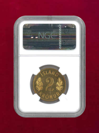 【アイスランド】2クローナ ニッケル黄銅貨 1962 NGC PF65［C-0000087］